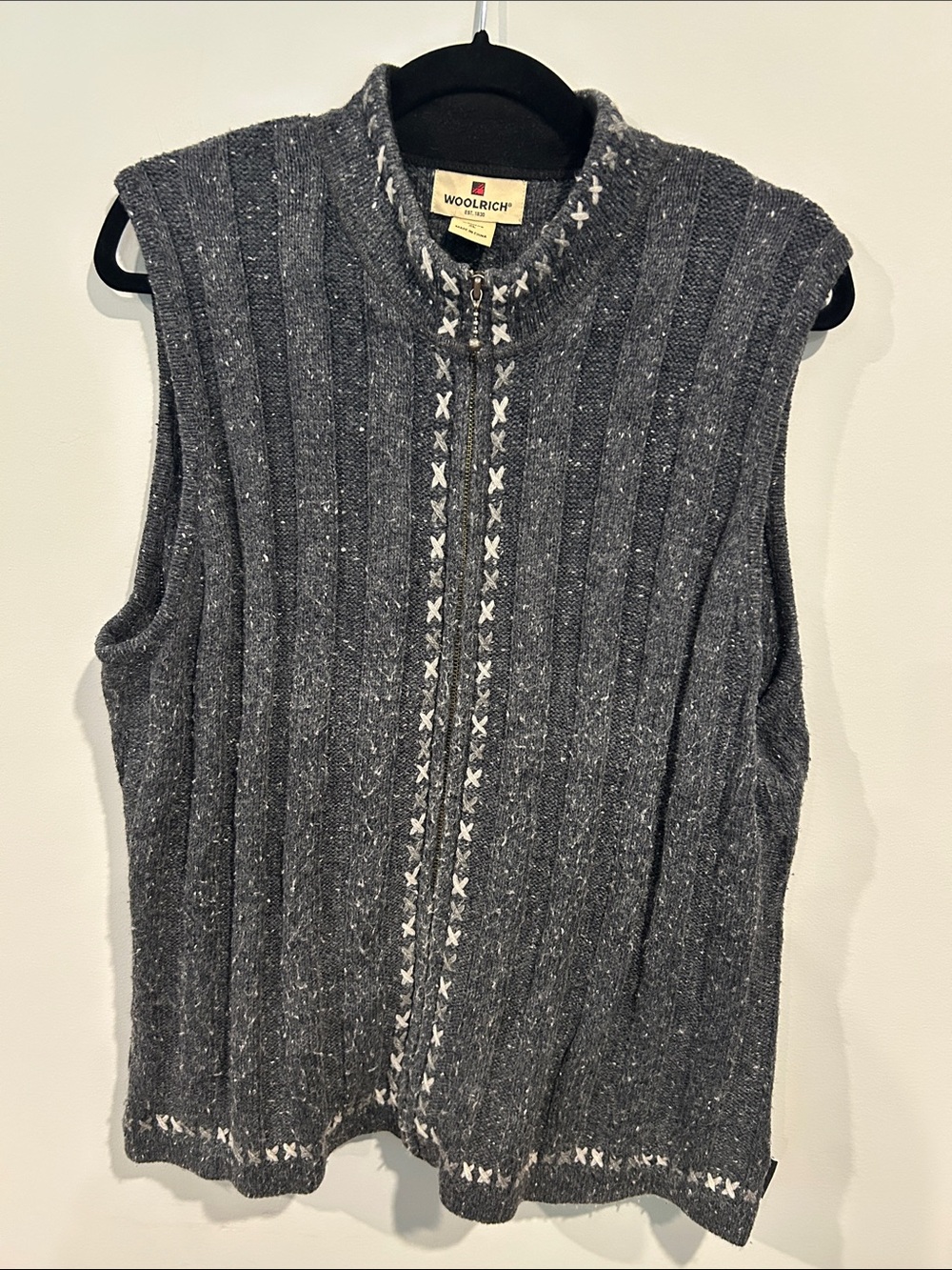 Woolrich Charcoal Gray Knit Sleeveless Zip Vest with White Stitch Trim